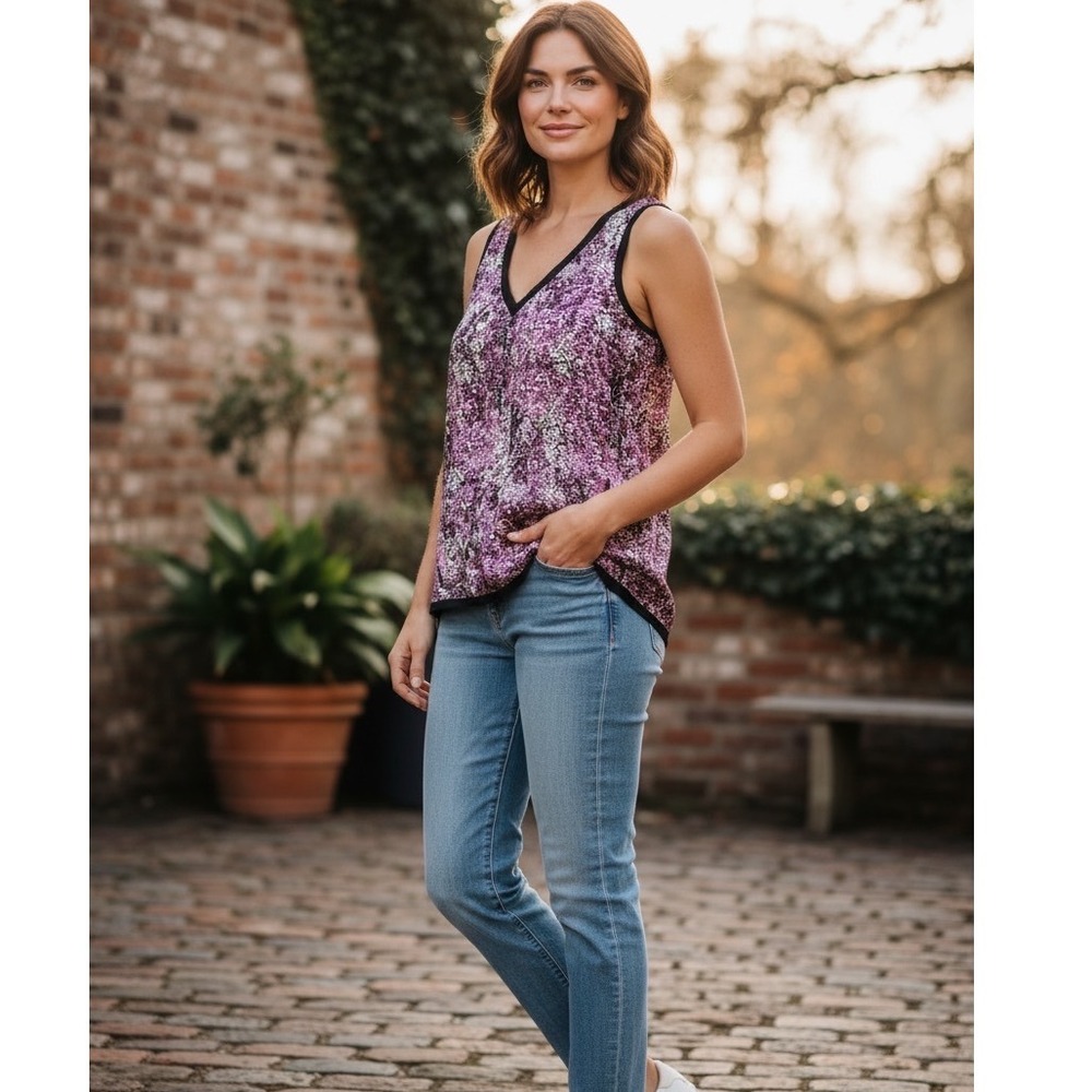 Halogen Women's Purple Abstract Floral V-Neck Sleeveless Tank Top Blouse S‎ NWT